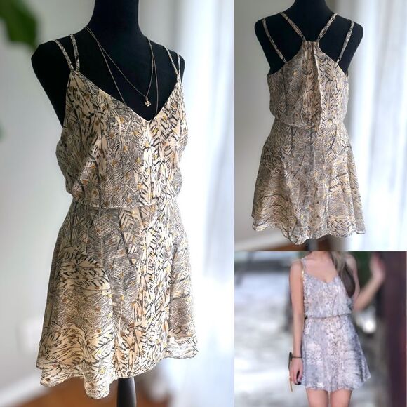 Lulu’s Tanis Metallic Dots Beige Print Chiffon Skater Strappy Dress M - Picture 1 of 16